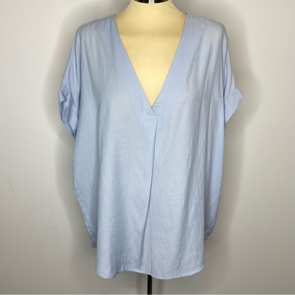 Mustard Seed Light Blue Gauzy V Neck Rolled Sleeve Blouse